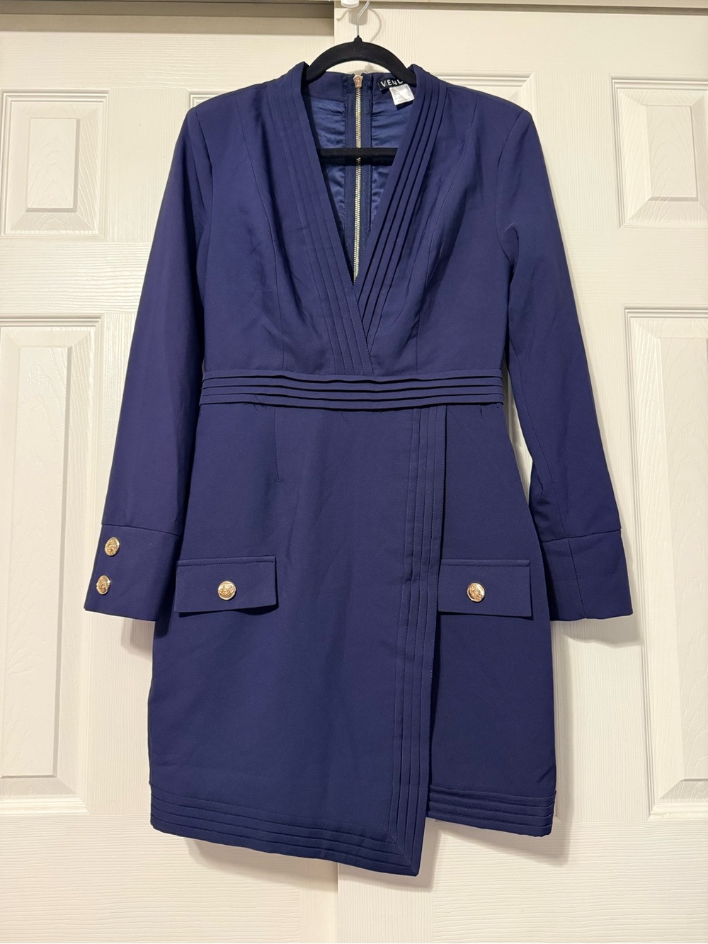 VENUS Navy Pleated V-Neck Long Sleeve Dress with Gold Buttons